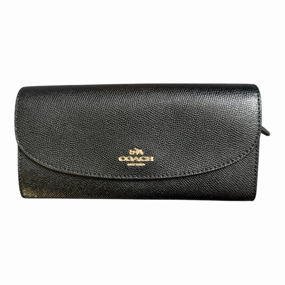 Coach Handbags - Coach Slim Black Crossgrain Leather Envelope Clutch Wallet Gold Logo